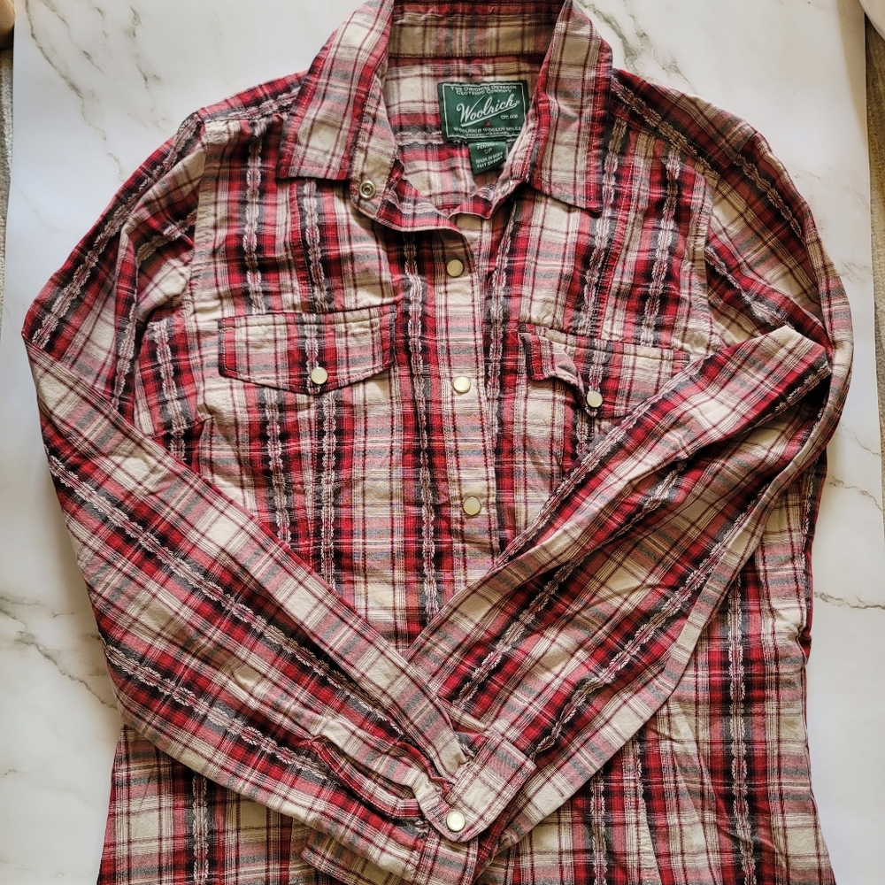 Woolrich red plaid shirt with pear snap buttons